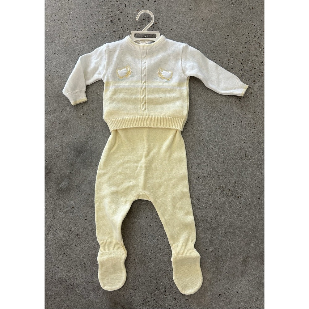 Vintage Infant Ivory Yellow Sweater‎ & Matching Pants Sheep Farm Sz 6-12 M